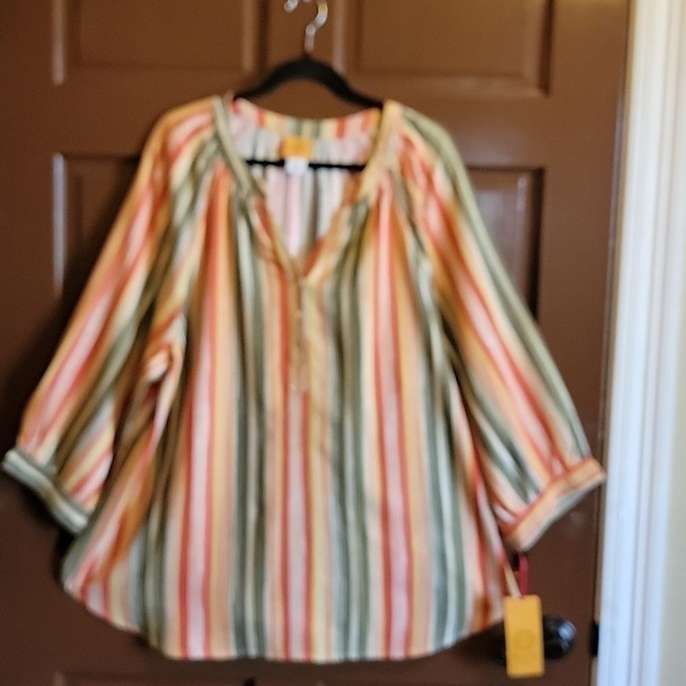 Ruby Rd-Linen/ rayon multi striped top 3/4 sleeves 1X. NWT.
